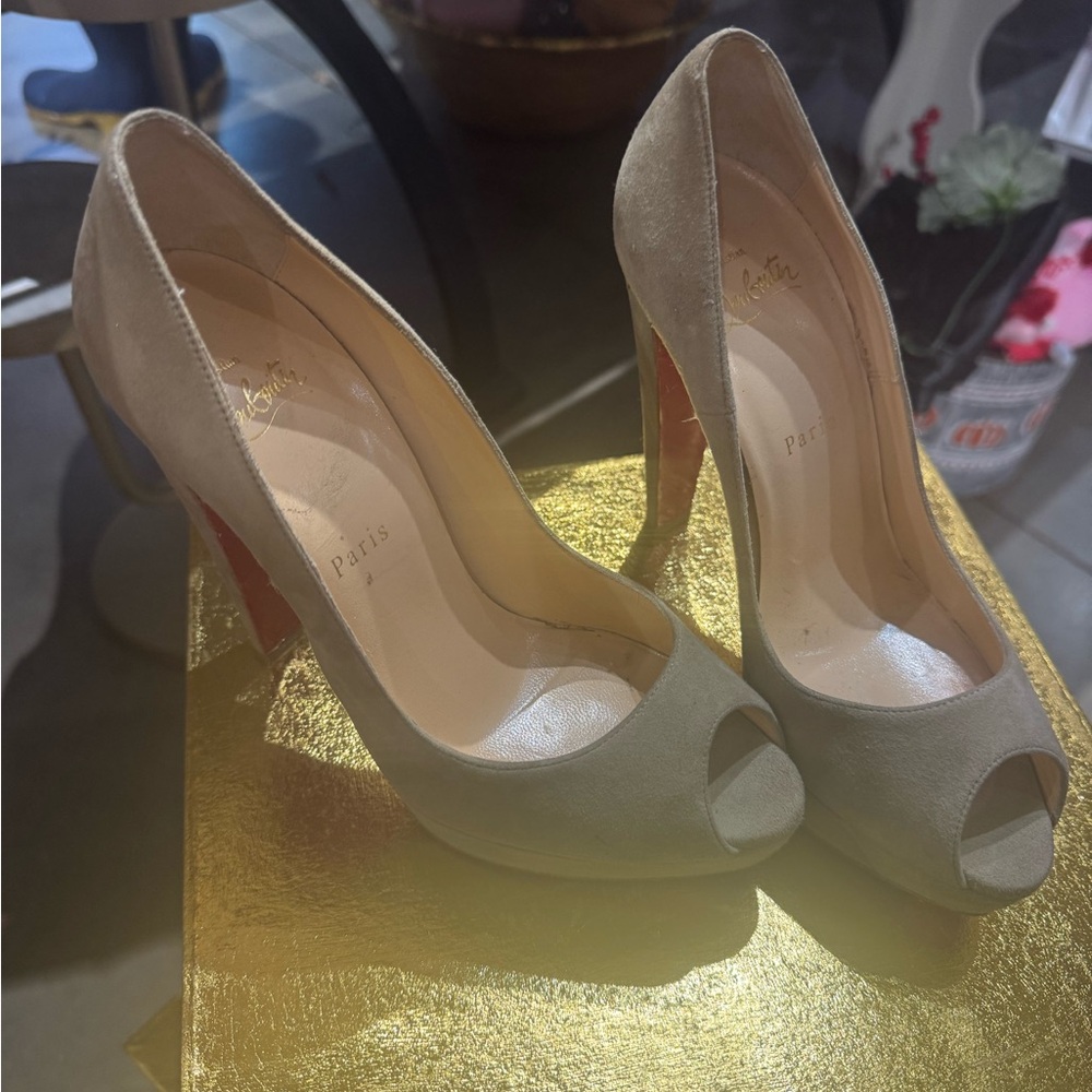 Christian Louboutin Taupe Peep-Toe Heels